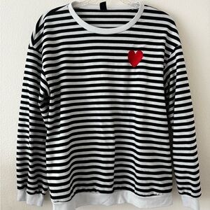 Striped Black and White Sweatshirt with Red Heart